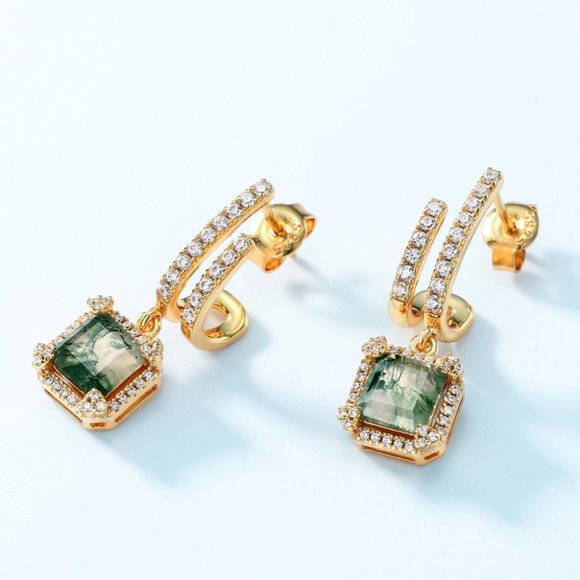 Moss Agate Inlaid Zircon Drop Earrings For Women - Picture 2 of 5